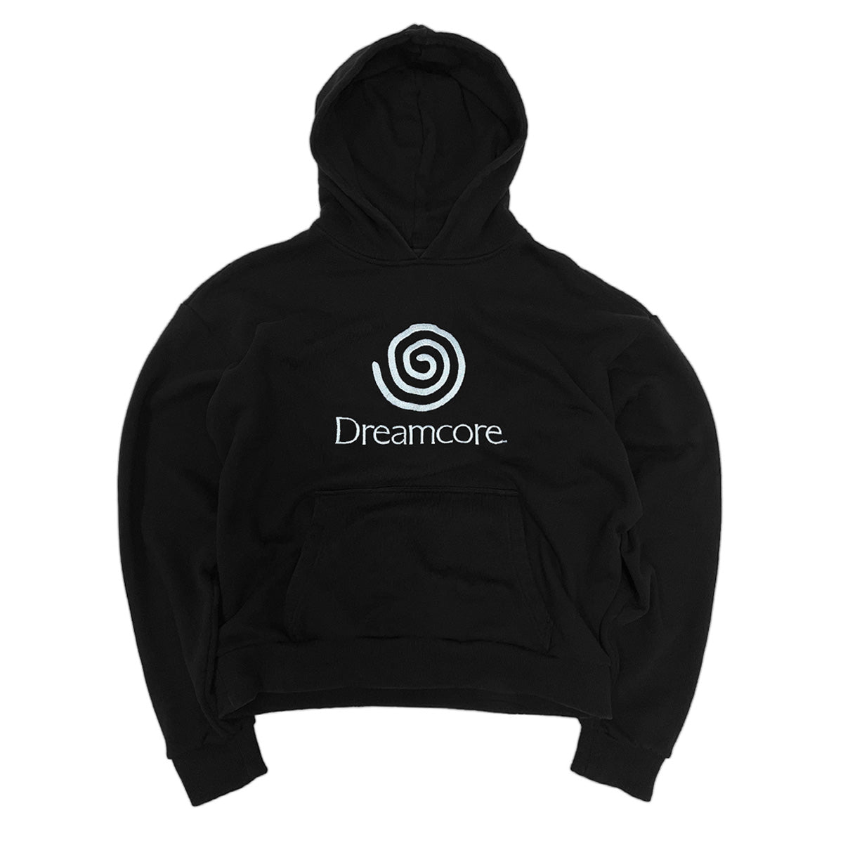 Oversized Dreamcore hoodie with embroidered design, blending weirdcore, nostalgiacore, and surreal nostalgic aesthetics inspired by late '90s visuals.